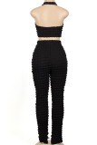 Black Street Solid Patchwork Backless O Neck Sleeveless Two Pieces