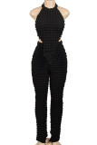Black Street Solid Patchwork Backless O Neck Sleeveless Two Pieces