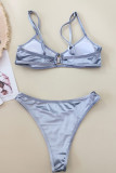 Gray Blue Sportswear Solid Hollowed Out Patchwork Swimwears(With Paddings)