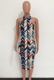 Multicolor Sexy Color Block Patchwork Backless O Neck Printed Dresses
