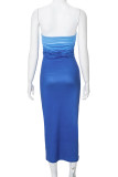 Blue Elegant Gradual Change Patchwork Strapless Printed Dresses