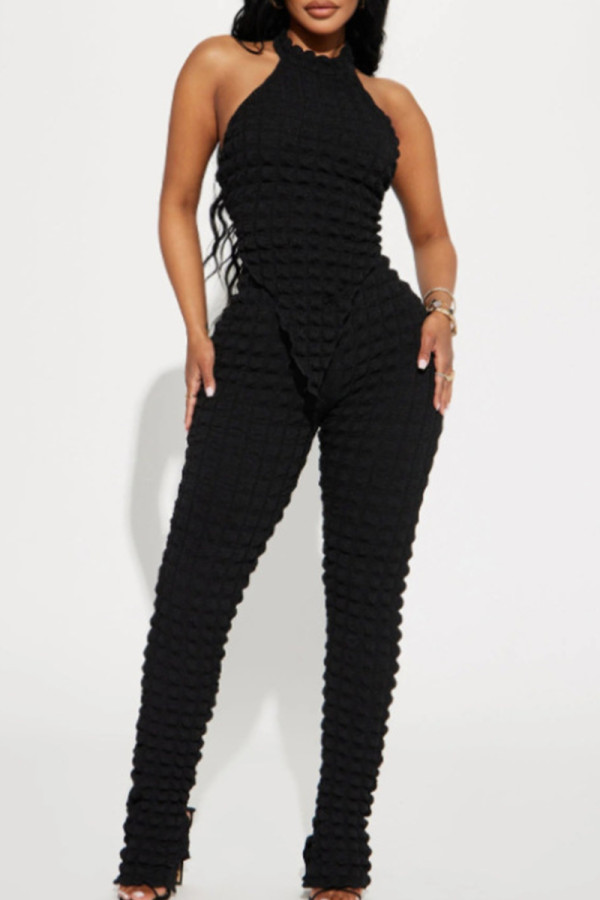Black Street Solid Patchwork Backless O Neck Sleeveless Two Pieces