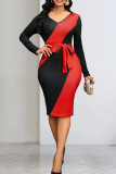Black Red Elegant Bandage Patchwork V Neck Wrapped Skirt Dresses