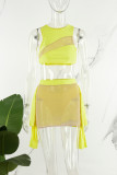 Yellow Sexy Casual Elegant Vacation Patchwork See-through Asymmetrical Sleeveless Two Pieces