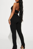Black Street Solid Patchwork Backless O Neck Sleeveless Two Pieces
