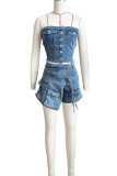 Blue Street Solid Patchwork Pocket Buttons Zipper Strapless Sleeveless Two Pieces