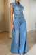 Blue Street Solid Patchwork Pocket Buckle Turndown Collar Sleeveless High Waist Loose Denim Jumpsuits