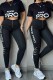Black Casual Print Letter O Neck Short Sleeve Two Pieces