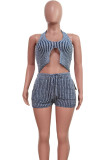 Blue Sweet Patchwork Draw String Pocket Halter Sleeveless Two Pieces