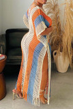 Blue Orange Sweet Color Block Lace Ripped Patchwork Swimwears Cover Up