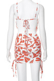 Red Street Print Lace Bandage Hollowed Out Patchwork Draw String Spaghetti Strap Sleeveless Two Pieces