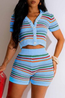 Blue Casual Striped Patchwork V Neck Short Sleeve Two Pieces