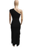 Black Street Solid Patchwork High Opening Fold Oblique Collar Long Dresses