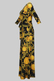 Yellow Elegant Print Bandage Patchwork V Neck Printed Dresses