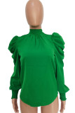 Green Casual Solid Bandage Patchwork Fold O Neck Tops