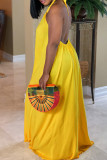 Yellow Sweet Solid Patchwork Fold Halter Long Dresses