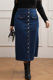 Blue Sweet Solid Buckle One Step Skirt Plus Size