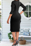 Black Elegant Solid Patchwork Buckle Flounce Slit O Neck Pencil Skirt Dresses