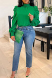 Green Casual Solid Bandage Patchwork Fold O Neck Tops