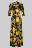 Yellow Black Elegant Print Bandage Patchwork V Neck Printed Dresses