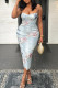 Light Blue Street Print Patchwork Backless Spaghetti Strap Sling Dresses