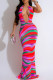 Red Elegant Print Hollowed Out Patchwork Backless Slit Asymmetrical Collar Printed Dresses