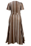 Brown Casual Striped Bandage Patchwork O Neck Plus Size Two Pieces