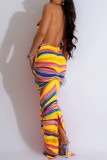 Yellow Elegant Print Hollowed Out Patchwork Backless Slit Asymmetrical Collar Printed Dresses