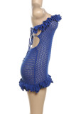 Blue Sexy Solid Bandage Patchwork Backless Strapless Wrapped Skirt Dresses