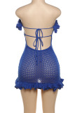 Blue Sexy Solid Bandage Patchwork Backless Strapless Wrapped Skirt Dresses