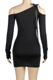 Black Street Solid Bandage Hollowed Out Patchwork Oblique Collar Wrapped Skirt Dresses