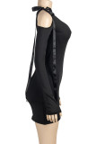 Black Street Solid Bandage Hollowed Out Patchwork Oblique Collar Wrapped Skirt Dresses