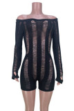Black Sexy Solid Ripped Bandage Patchwork Backless O Neck Skinny Rompers