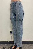 Sky Blue Street Solid Patchwork Pocket Buttons Slit Zipper High Waist Regular Denim Jeans