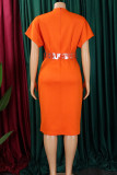 Tangerine Red Elegant Solid Patchwork Slit Zipper V Neck Pencil Skirt Plus Size Dresses