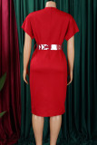 Red Elegant Solid Patchwork Slit Zipper V Neck Pencil Skirt Plus Size Dresses