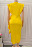 Yellow Elegant Solid Patchwork Flounce Slit Zipper Asymmetrical Collar Evening Plus Size Dresses