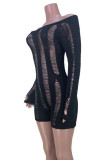Black Sexy Solid Ripped Bandage Patchwork Backless O Neck Skinny Rompers