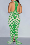 Green Elegant Sequins Patchwork See-through Backless Slit Zipper O Neck Long Dresses