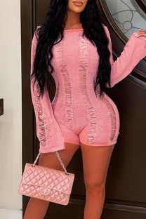 Pink Sexy Solid Ripped Bandage Patchwork Backless O Neck Skinny Rompers