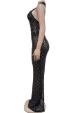 Black Elegant Sequins Patchwork See-through Backless Slit Zipper O Neck Long Dresses