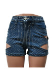Navy Blue Street Hollowed Out Patchwork Pocket Buttons Hot Drill Zipper Mid Waist Regular Denim Shorts