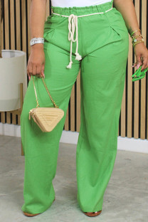 Green Casual Solid Bandage Patchwork Pocket Loose High Waist Wide Leg Solid Color Bottoms