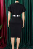 Black Elegant Solid Patchwork Slit Zipper V Neck Pencil Skirt Plus Size Dresses