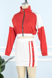 Rose Red Casual Solid Patchwork Buckle Zipper Collar Long Sleeve Two Pieces