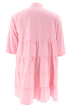 Pink Sweet Solid Patchwork Buckle Turndown Collar A Line Plus Size Dresses