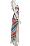 Colour Street Color Block Bandage Hollowed Out Patchwork High Opening Spaghetti Strap Long Dresses