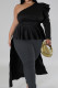 Black Elegant Solid Patchwork Fold Oblique Collar Plus Size Tops