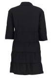 Black Sweet Solid Patchwork Buckle Turndown Collar A Line Plus Size Dresses