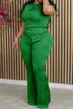 Green Casual Striped Patchwork O Neck Plus Size Two Pieces